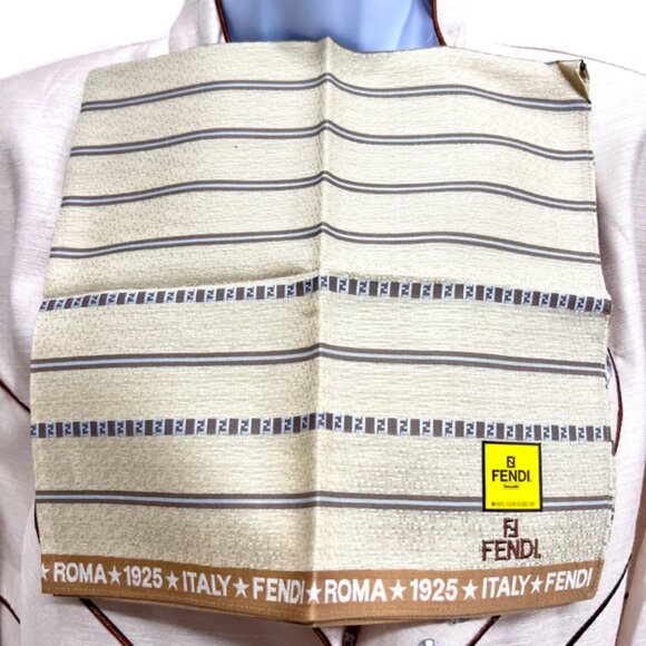 New Fendi Cotton/silk Handkerchief/MiniScarf 19.5" olive beige brown stripe(93 - Picture 2 of 8